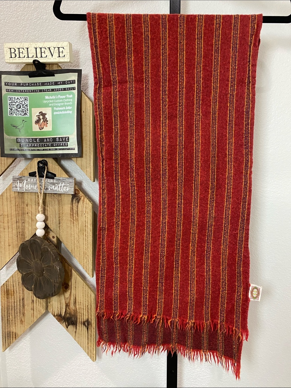 Vintage Wool Banana Republic Red, Purple & Yellow Striped Woven Scarf 48x12”